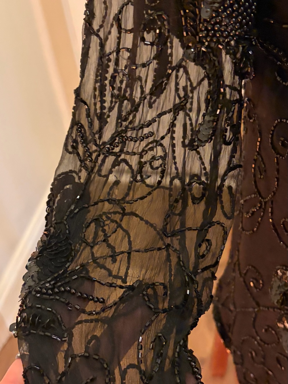 Vintage Sténay 100% Silk Black Beaded Sequin Sheer Sleeve Trophy Top